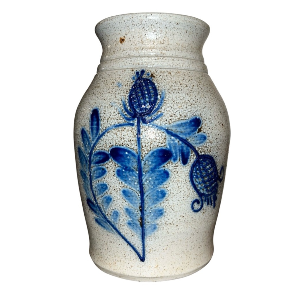 Eldreth Pottery 1989 Blue Floral Salt Glaze Vase EUC